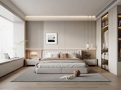 Modern Minimalist Bedroom Interior With Bed Nightstands Decorative Painting And Carpet 3d model