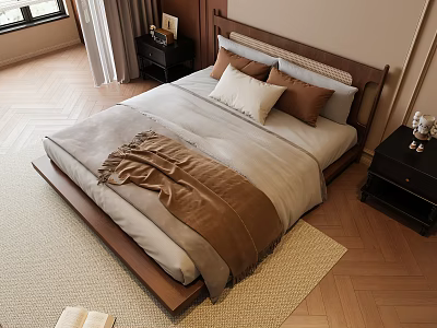 Double Bed With Wooden Headboard Gray Brown Bedding Pillows Nightstands On Wooden Floor And Rug 3d model