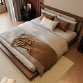 Double Bed With Wooden Headboard Gray Brown Bedding Pillows Nightstands On Wooden Floor And Rug