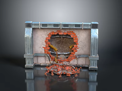 Damaged Fireplace With Silver Frame And Red Bricks Scattered Around Broken Structure 3d model