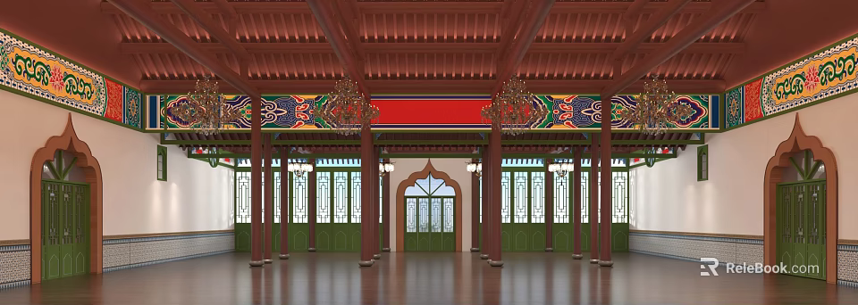 Traditional Chinese Architecture Interior With Wooden Beams Colorful Paintings Red Banner And Green Windows 3d model 