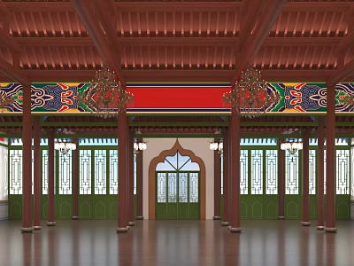 Traditional Chinese Architecture Interior With Wooden Beams Colorful Paintings Red Banner And Green Windows 3d model