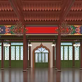 Traditional Chinese Architecture Interior With Wooden Beams Colorful Paintings Red Banner And Green Windows