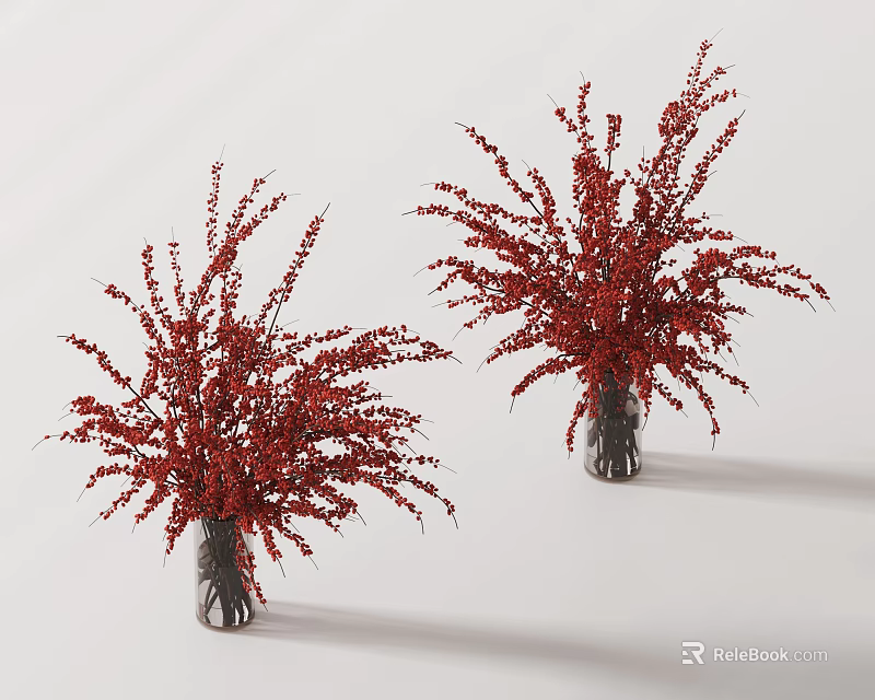 Two Gray Vases With Red Foliage Arrangement On White Background 3d model 