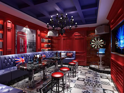 KTV Featuring Red Walls Blue Ceiling Chandelier Blue Sofas Union Jack Red Stools Dartboard TV 3d model