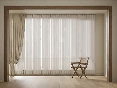 White Window Blinds In Cozy Room Interior With Beige Curtains And Wooden Chair 3d model