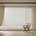 White Window Blinds In Cozy Room Interior With Beige Curtains And Wooden Chair