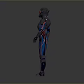 Futuristic Scifi Astronaut In Blue And Red Striped Spacesuit With Helmet