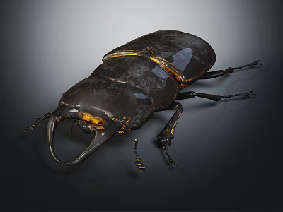 Stag Beetle With Black Body And Golden Sheen On Dark Background Showing Large Mandibles 3d model
