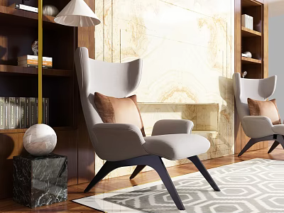 Gray Wingback Leisure Chair With Brown Pillow By Marble Wall And Wooden Bookshelves 3d model
