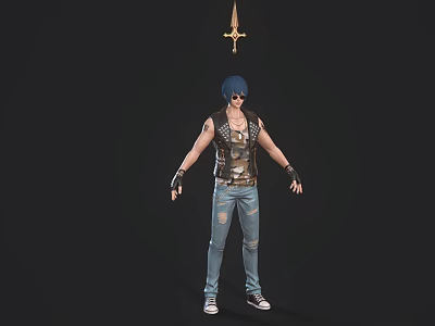 Game Movie Character With Blue Hair Sleeveless Riveted Leather Vest Ripped Jeans Gloves And Sword 3d model