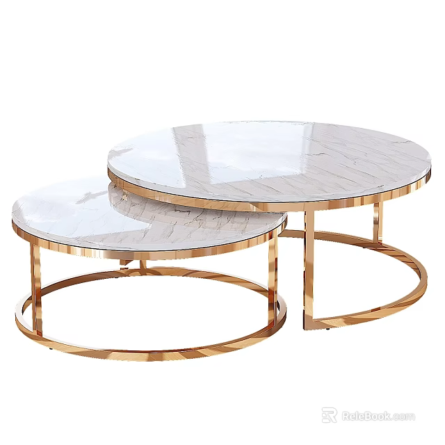 Two Round Dining Tables With Marble Tabletop And Gold Metal Frame 3d model