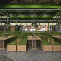 Modern Food Service Kitchen with Green Accents Multiple Counters and Food Display Areas