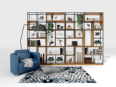 Modern Living Room Interior With Stylish Shelving Unit Displaying Green Plants Books And Decorations 3d model