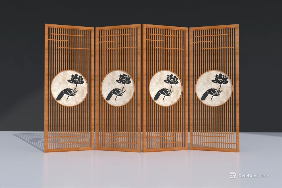 Traditional Wooden Four Panel Screen With Circular Hand Holding Lotus Patterns 3d model