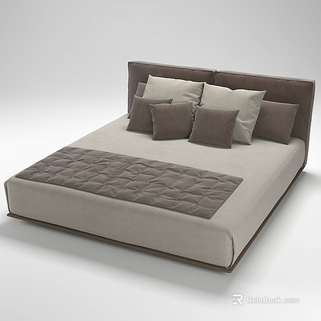 Modern Upholstered Double Bed With Neutral Tones Mattress And Decorative Pillows 3d model 