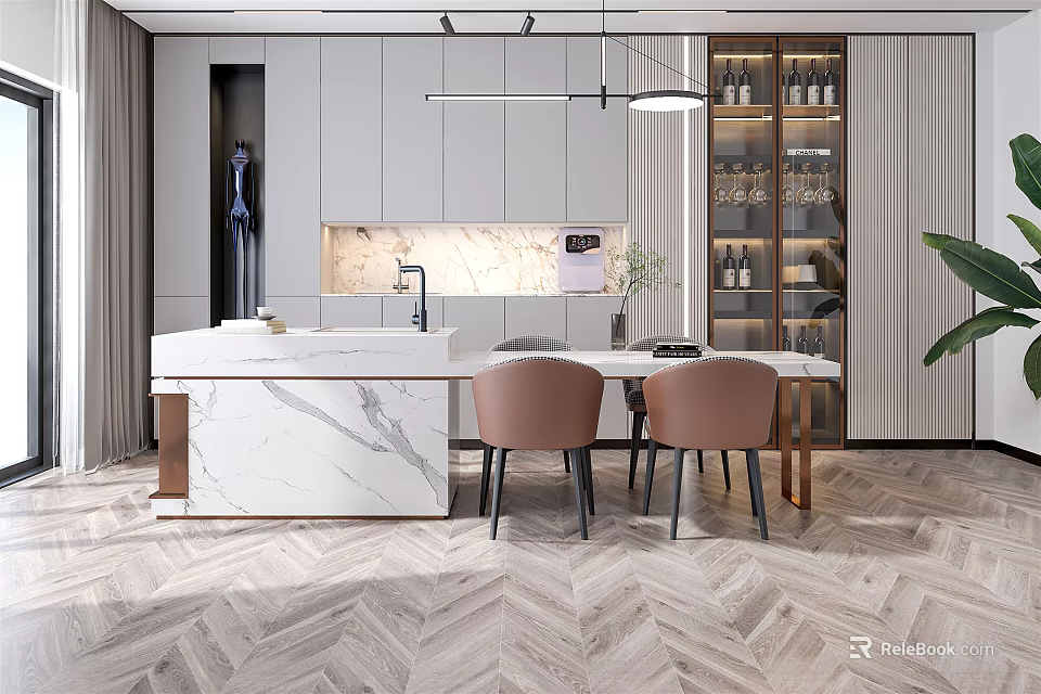 Modern Restaurant Open Layout With Marble Island Counter Dining Table And Herringbone Floor 3d model