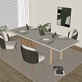 Modern Dining Table Set With Rectangular Wooden Top Upholstered Beige Green Chairs And Abstract Art