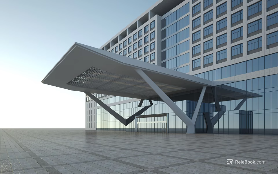 Modern Building Facade Featuring Glass Curtain Walls Metal Support Structure And Entrance Canopy 3d model 
