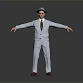 A Man in Light Blue Suit Wearing Hat with Outstretched Arms Against Gray Background