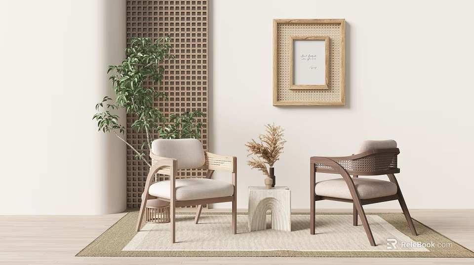 Natural Style Casual Sofa Set With Side Table And Plants 3d model 
