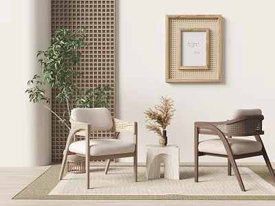 Natural Style Casual Sofa Set With Side Table And Plants 3d model