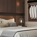 Modern Bedroom Interior With Wooden Panel Walls Bed Headboard Pillows And Winter Forest View