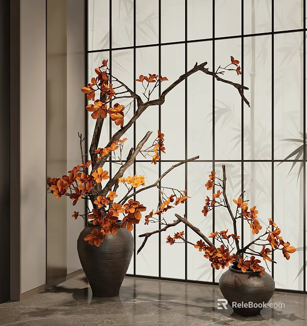 Bonsai Potted Plants With Orange Flowers And Branches In Ceramic Vases By Grid Screen 3d model 