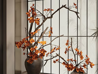 Bonsai Potted Plants With Orange Flowers And Branches In Ceramic Vases By Grid Screen 3d model