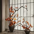 Bonsai Potted Plants With Orange Flowers And Branches In Ceramic Vases By Grid Screen