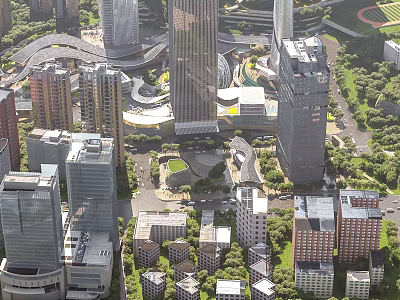 Aerial Planning of Urban Cityscape Featuring High Rise Buildings and Green Spaces Layout Design 3d model