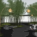 Serene Residential Landscape With Winding Path Bamboo Grove And Lantern Style Lamps