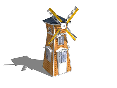Wooden Windmill Structure With Yellow Blades Black Roof And Windows 3d model