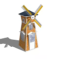 Wooden Windmill Structure With Yellow Blades Black Roof And Windows