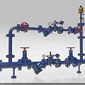 Industrial Pipe System With Blue Pipes Red Valves And Pressure Gauges 3d model