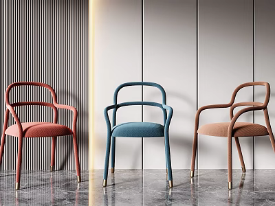 Modern Minimalist Leisure Chairs With Red Blue Brown Colors Armrest Vertical Striped Wall Marble Floor 3d model