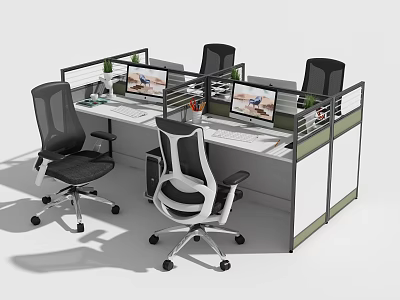Modular Office Workstation Desk Setup With Computer Monitors And Black Ergonomic Chairs 3d model