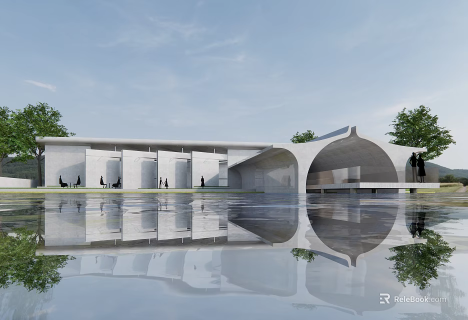 Modern White Building Exterior With Arch Structure And Water Reflection Near People 3d model 