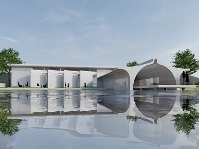 Modern White Building Exterior With Arch Structure And Water Reflection Near People 3d model