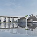 Modern White Building Exterior With Arch Structure And Water Reflection Near People