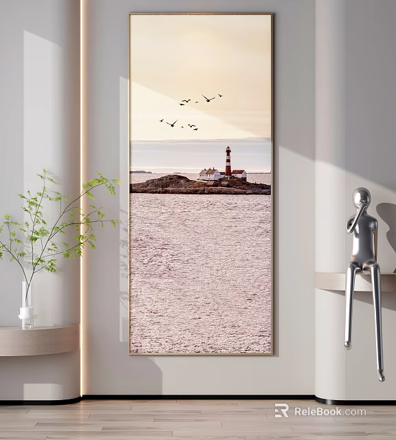 Framed Painting Of Lighthouse On Sea With Flying Birds In Interior Setting 3d model 