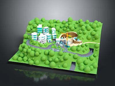 3D Miniature Green Landscape with Trees White Buildings Roads and Circular Design 3d model