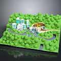 3D Miniature Green Landscape with Trees White Buildings Roads and Circular Design