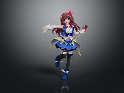 Anime Style Character With Brown Long Hair Red Hair Accessory Blue Outfit Holding Microphone Dancing 3d model