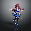 Anime Style Character With Brown Long Hair Red Hair Accessory Blue Outfit Holding Microphone Dancing