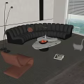 Modern Black Leather Curved Sofa and Round Marble Coffee Table Set with Lamp and Chairs