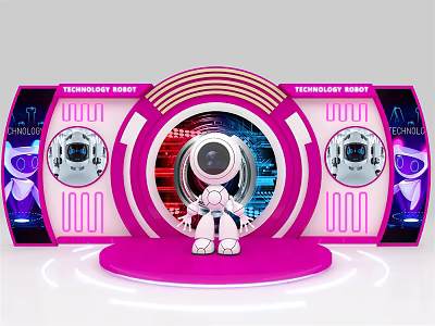 Smart Robot Standing On Pink Platform In Technology Hub With Cyberspace Screens And Circular Decorations 3d model