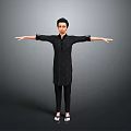 Child Standing With Arms Outstretched In Black Outfit Against Gray Background