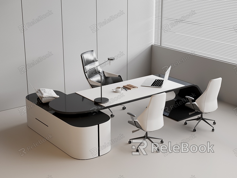 Simple Office Desk Turning Office Chair Leather Office Chair Office Desk Combination Cabinet Fax Machine Laptop Metal Lamp Notepad Watch Coffee Cup model