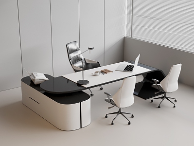 Simple Office Desk Turning Office Chair Leather Office Chair Office Desk Combination Cabinet Fax Machine Laptop Metal Lamp Notepad Watch Coffee Cup 3d model